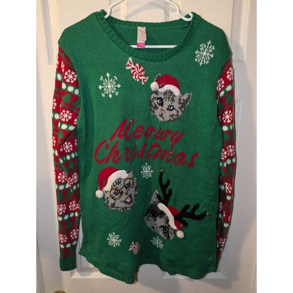 Ugly Christmas Sweater XL Meowy Christmas Cat Kitten Santa Claus No Boundaries - Picture 1 of 7